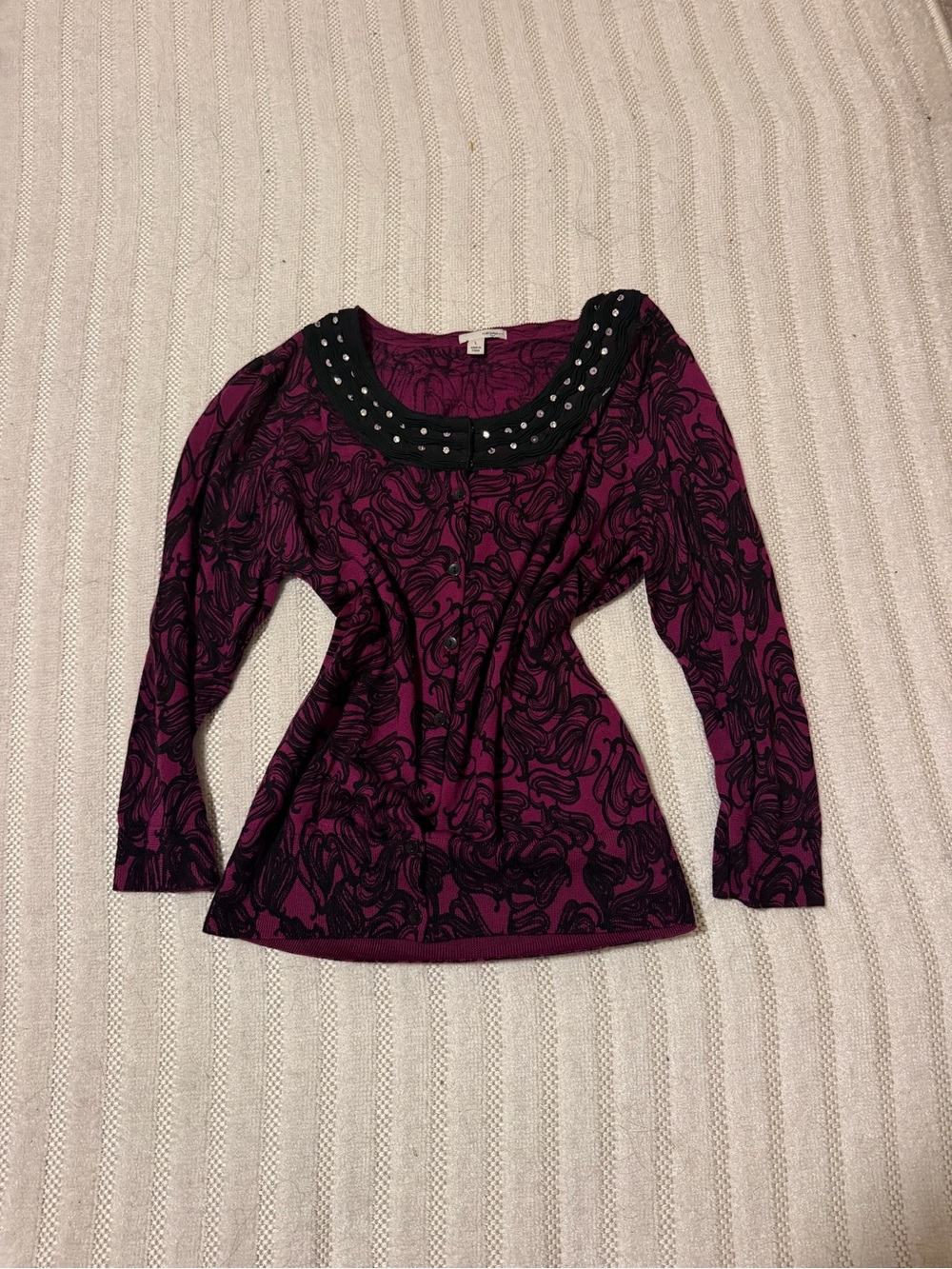 Halogen Plum Long Sleeve Scoop Neck Top with Black Studded Trim
